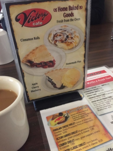 Menus and coffee at Victory Cafe Galena IL