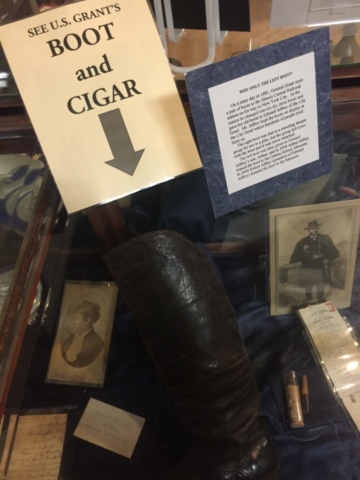 Ulysses S Grant's boot and cigar in display case