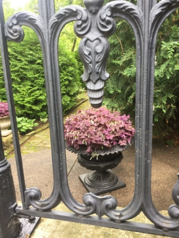 View through decorative wrought iron rails into a garden